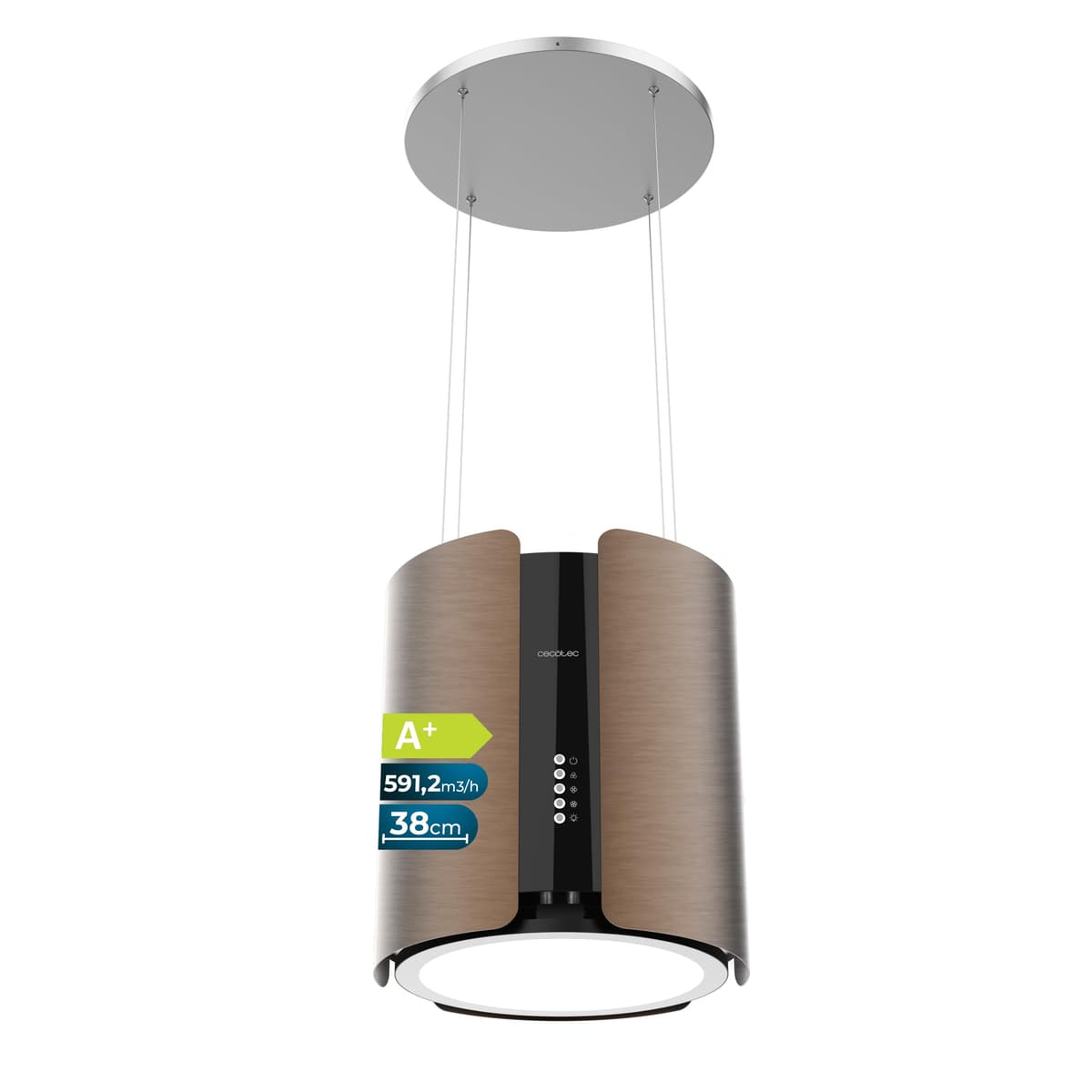 Cecotec Campana Extractora de Isla Redonda 38cm Bolero Flux CRE 385500 Cobre A+. Motor DC, Bajo Consumo, Acabado en Cobre, Succión 591,2 m³/h, Control de Botones Electrónicos, Filtro de Carbono