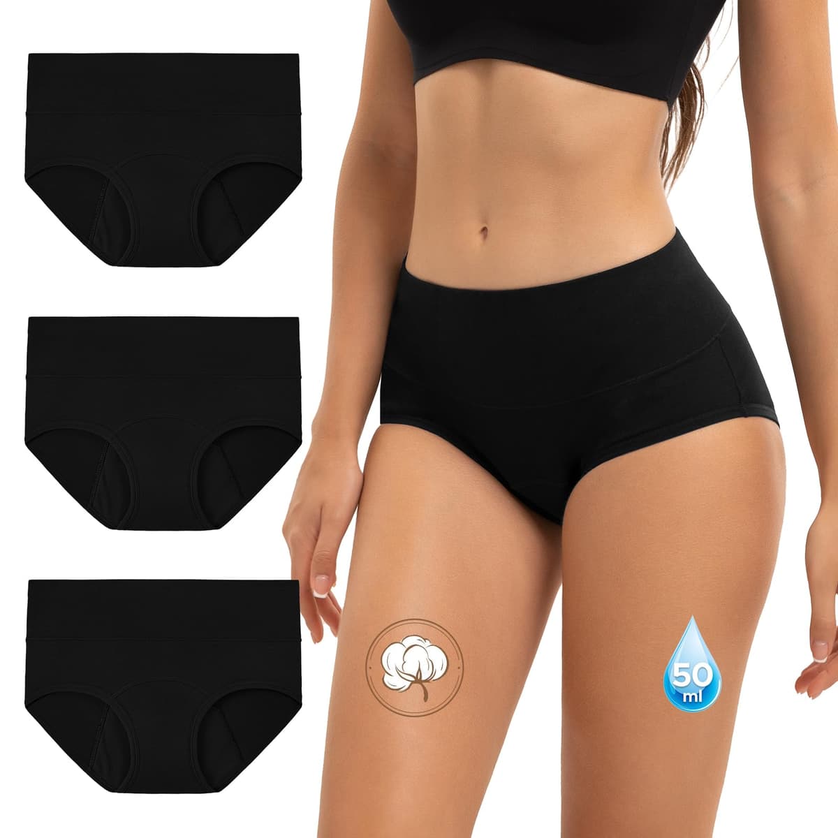 INNERSY Bragas Menstruales Mujer Flujo Abundante 50ML Braguitas Menstrual Cintura Alta Algodón Pack de 3