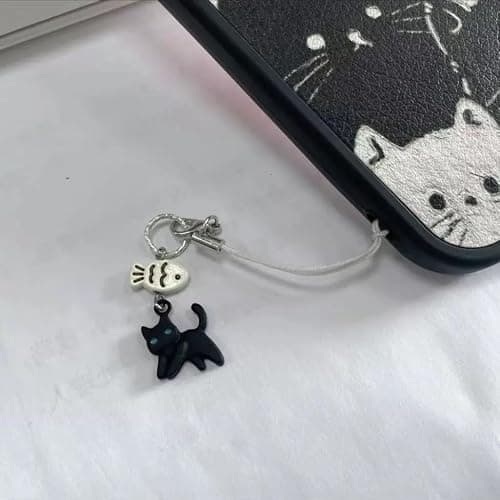 PUCAPOCO Black Cat Phone Charm Cute Kawaii Cat Fish Phone Camera Bag Charm Accessories (Black) — view 3