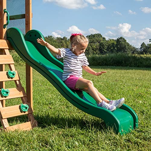 Backyard Discovery Buckley Hill Cedar Wood Swing Set with Wave Slide, Play Deck, Rock Wall Ladder, Belt Swings, Chalkboard, Canopy Roof, Outdoor Playset — view 2