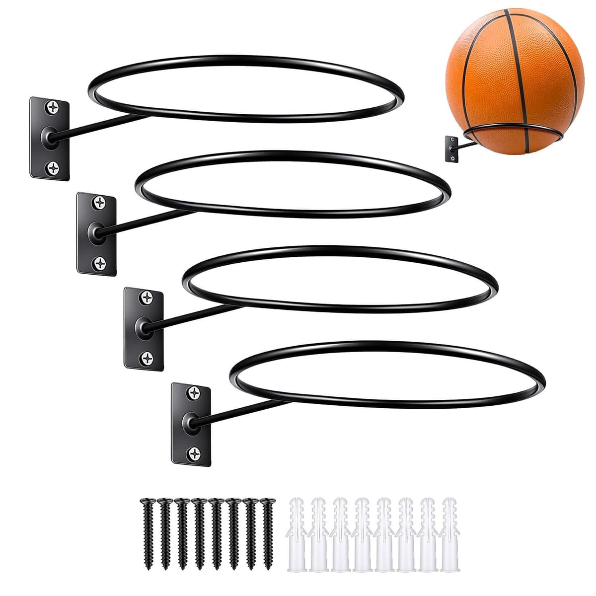4 Piezas Soporte Balon Futbol,Soporte Balones Robusto Metálico,Soportes Pelotas Futbol de Pared con Tornillos,Organizador Balones para Balone de Baloncesto,Fútbol y Voleibol (Negro)