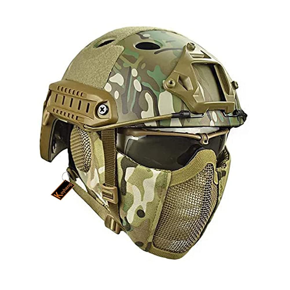Casco Táctico Fast MH Combinado, con Protección Auditiva Plegable, Máscara de Malla de Media Cara y Gafas para el Juego de Juego Airsoft Paintball CS