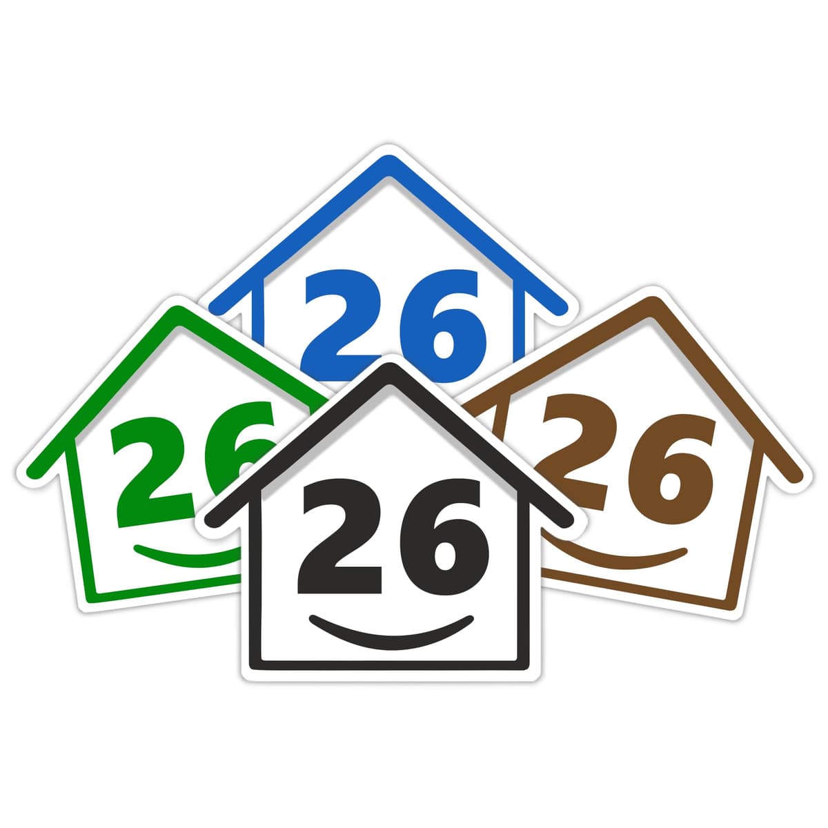 4 x Bin Numbers for Wheelie Bins, 1-99, 15cm ‘Happy House’ Colour Design Dustbin Stickers, Easy Application Stick On Number Stickers - Weatherproof Self Adhesive Vinyl – Blue, Black, Green, Brown (26)