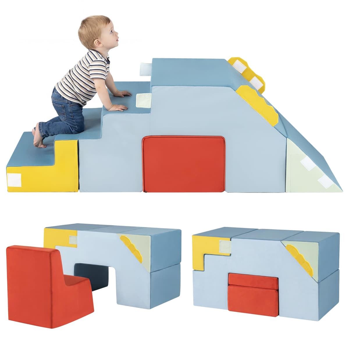 FANTASK 4 Piezas de Espuma 3 en 1, Bloques de construcción Blandos con Escalera y túnel, Certificado EN-71, Gigante Gateo y Bloques deslizantes, Juego de Interior XXL para niños a Partir de 1 año