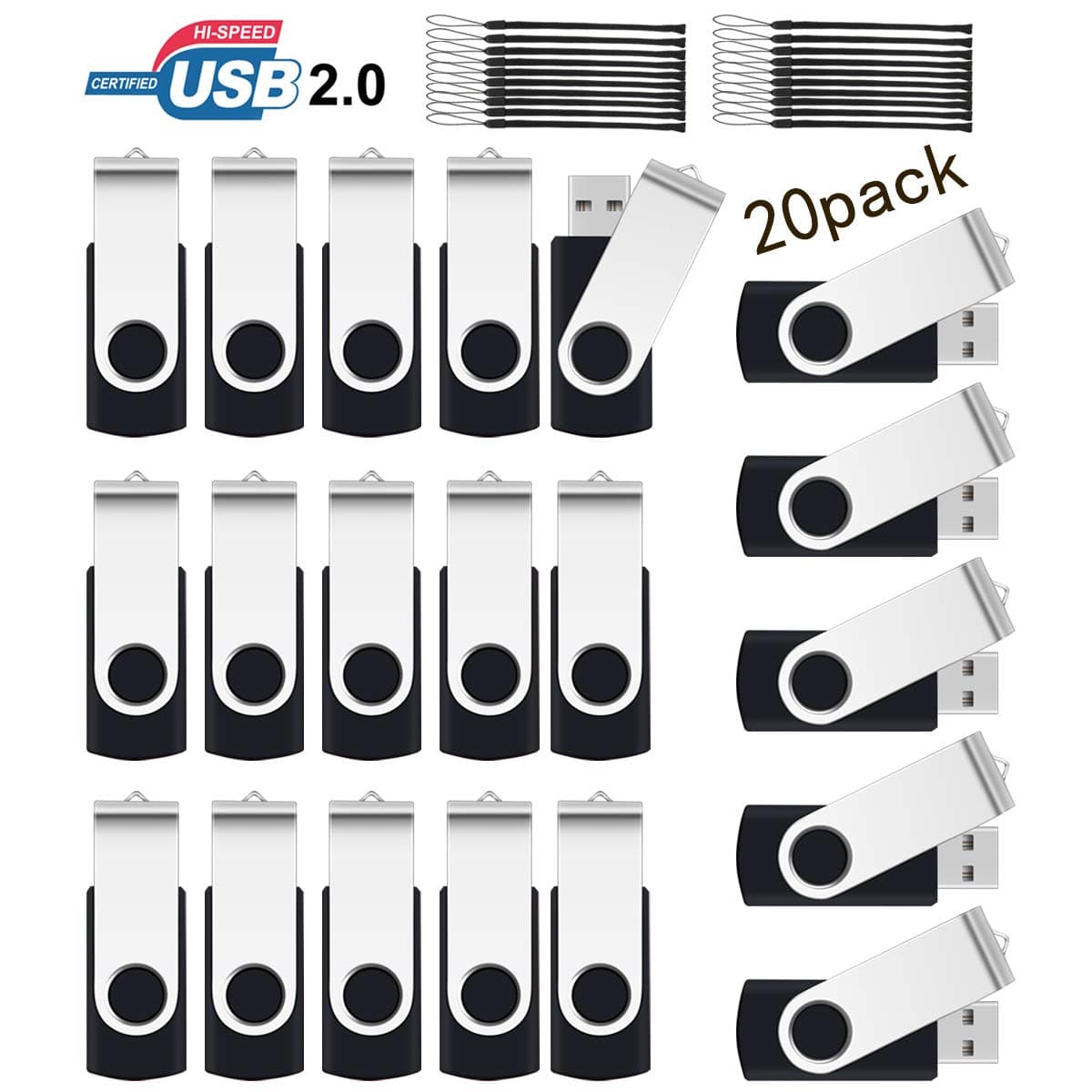 4GB USB Flash Drive,SRVR 20Pack USB2.0 Swivel Thumb Drives Data Storage Jump Drive Zip Drive Memory Sticks External Devices with Led Indicator(Black Color With Lanyard)