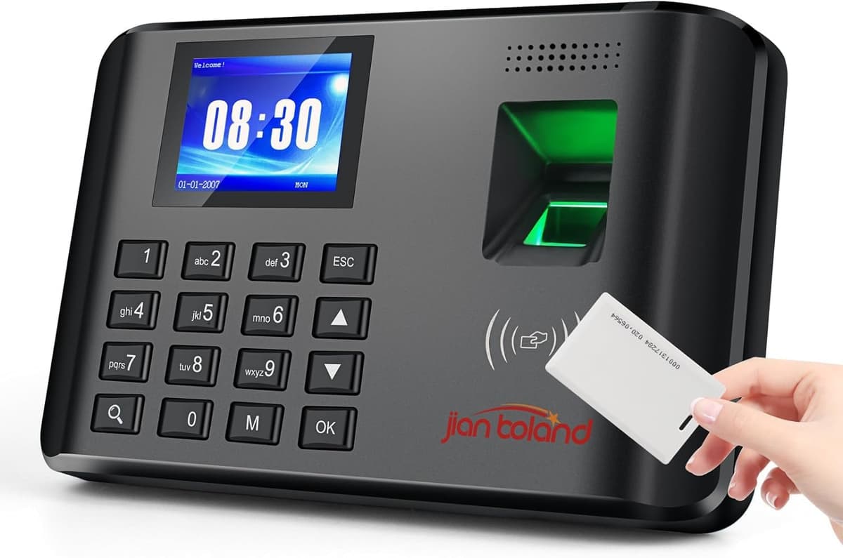 A5 Clocking in Machine for Employees Small Business-Fingerprint, RFID and PIN Biometric Time Clock, Office Punch Clock, with 5 Badges (0 Monthly Fees)