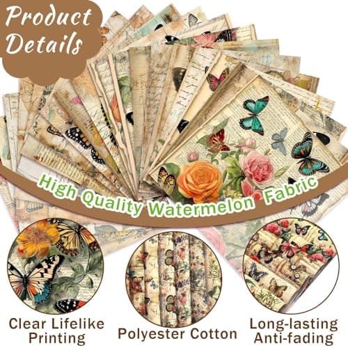HunnmingRe 20 Pcs 10''x10'' Vintage Butterfly Quilting Fabric Square Retro Floral Precuts Quilted Fabric Bundle Retro Leaves Flower Printed Sewing Material for Holiday Patchwork DIY Craft Supplies