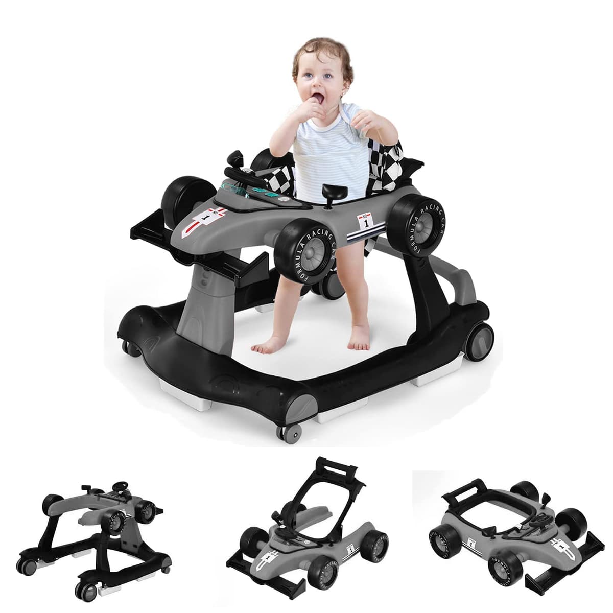 RELAX4LIFE 4 en 1 Andador para Bebés 6-18 Meses, Andador Plegable con Altura Regulable en 3 Niveles, Tacatá Bebés con Luces, Sonidos y Velocidad Controlable, 64 x 73 x 50,5-55,5 cm (Gris)