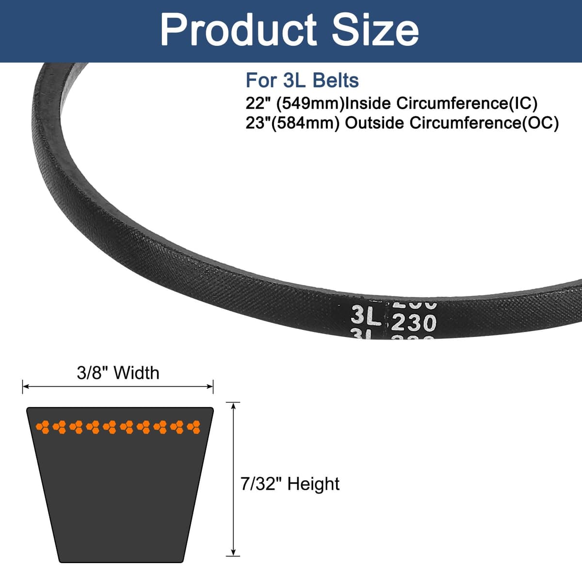 uxcell 3L230 Classic Wrapped Rubber V-Belt, 23"(584mm) Outside Circumference, 3L Profile V Belt 3/8" Width 7/32" Height — view 2