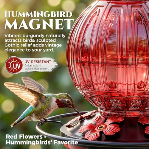 Glass Hummingbird Feeder for Outdoors Hanging, 26Oz Bird Nectar Feeder with Perch & 5 Flower Feeding Ports, Leak Proof for Outside Garden Decor Backyard, Gifts for Women Mom, Red