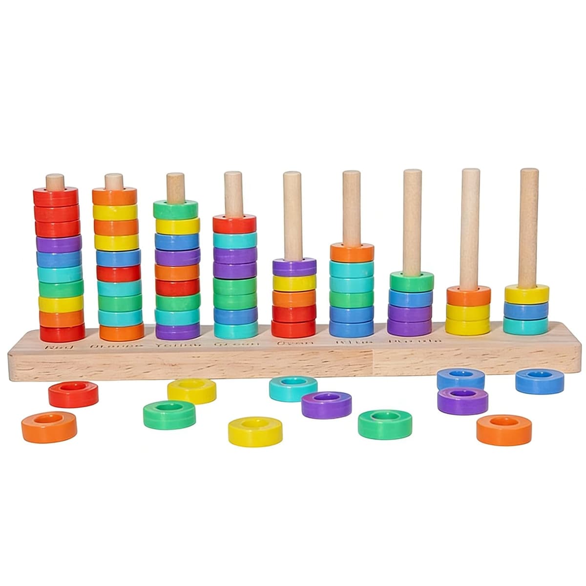 Genérico Anillos apilables de íris, Agarre ergonómico de Madera, Base de Almacenamiento integrada, Entrenamiento de Equilibrio, clasificador de Formas, Juguetes educativos para niños