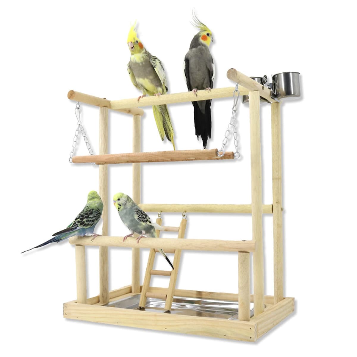 Parque de Juegos para Pájaros Gimnasio para Aves Stand Área de Juego con Soporte Perchas Columpio Escalera Bandeja para Agapornis, Loros, Madera, Tamaño 40x26x45.5 CM