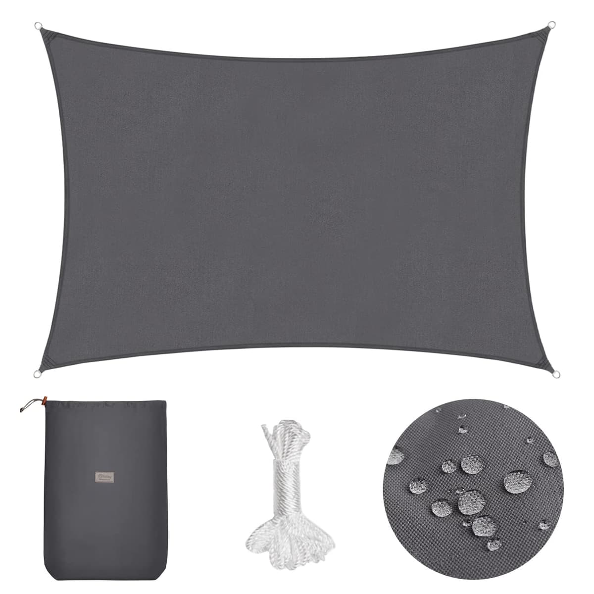 Sekey Toldo Vela de Sombra Impermeable 2x3m Rectangular Protección Rayos UV, Resistente al Desgarro, para Terraza Balcon Patio Exteriores Jardín, con Ojales y Cuerdas de Fijación, Antracita