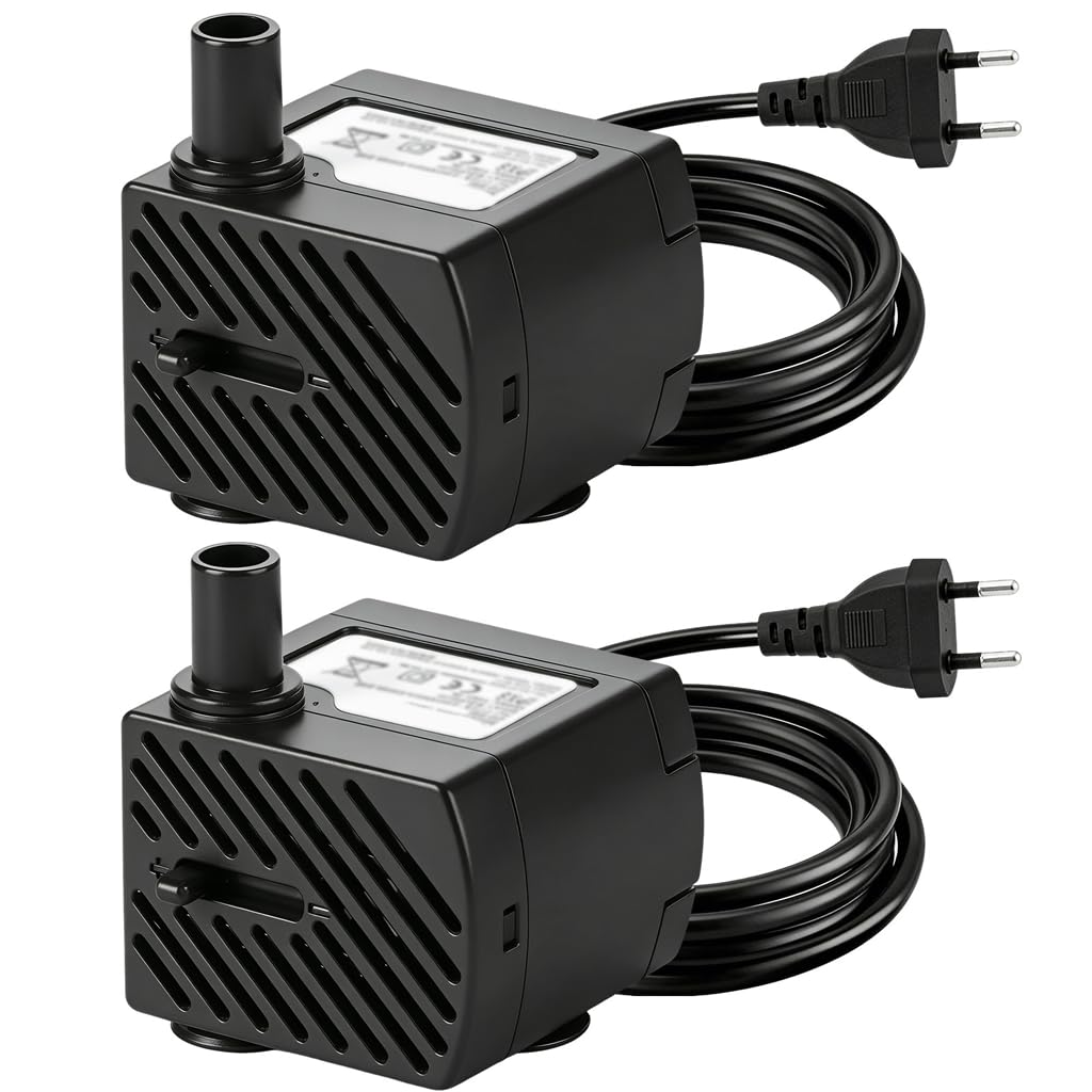 2 Piezas Mini Bomba de Agua Sumergible 3W 180L/H, Bomba Acuario Ultrasilenciosa con Caudal Ajustable y Ventosas, Motor para Fuente de Agua Gatos, Peceras, Estanques y Jardín