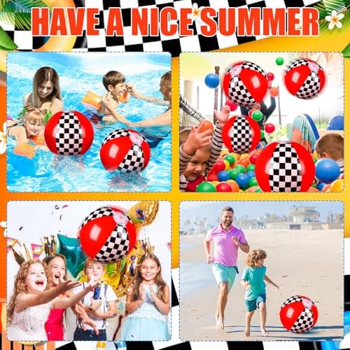 Hollowfly 4 Pack Black White Red Beach Balls 11.8" Checkered Flag Themed Inflatable Beach Ball Bulk Race Car Birthday Party Supplies for Summer Pool End of the Year Decoration Favor — view 3