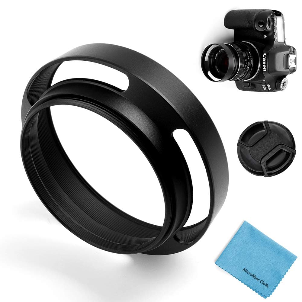 37mm Hollow Lens Hood,Fotover Universal Metal Hollow Tilted Vented Curved Lens Hood with Centre Pinch Lens Cap for Leica Canon Nikon Sony Pentax Olympus Fuji Camera + Microfiber Cleaning Cloth