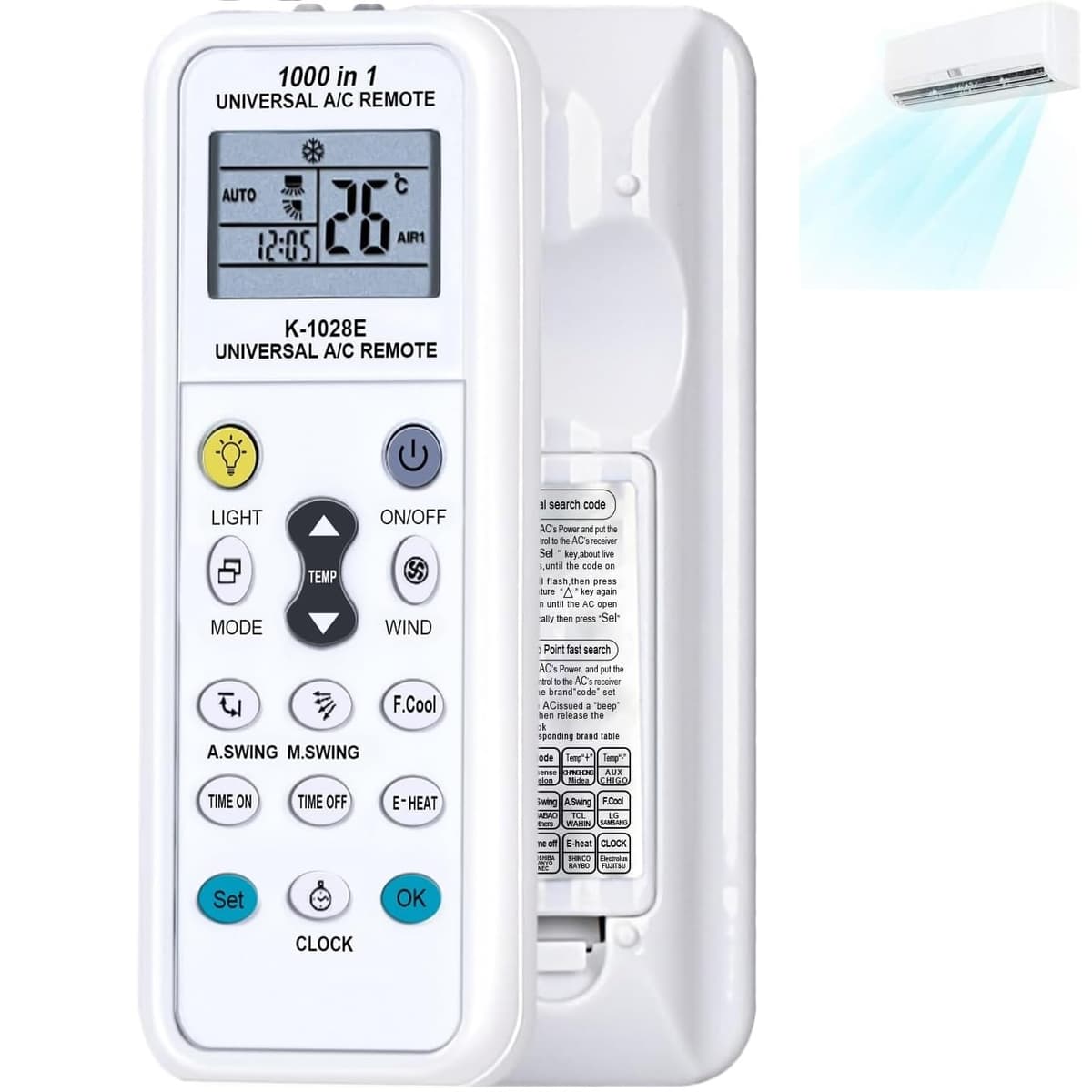TECHZOCO Mando Universal para Aire Acondicionado, Mando Distancia Are Acondicionado, K-1028E, 1000 en 1 A/C Control Remoto LCD Digital, Compatible con hasta 1000 Marcas de Aire Acondicionado