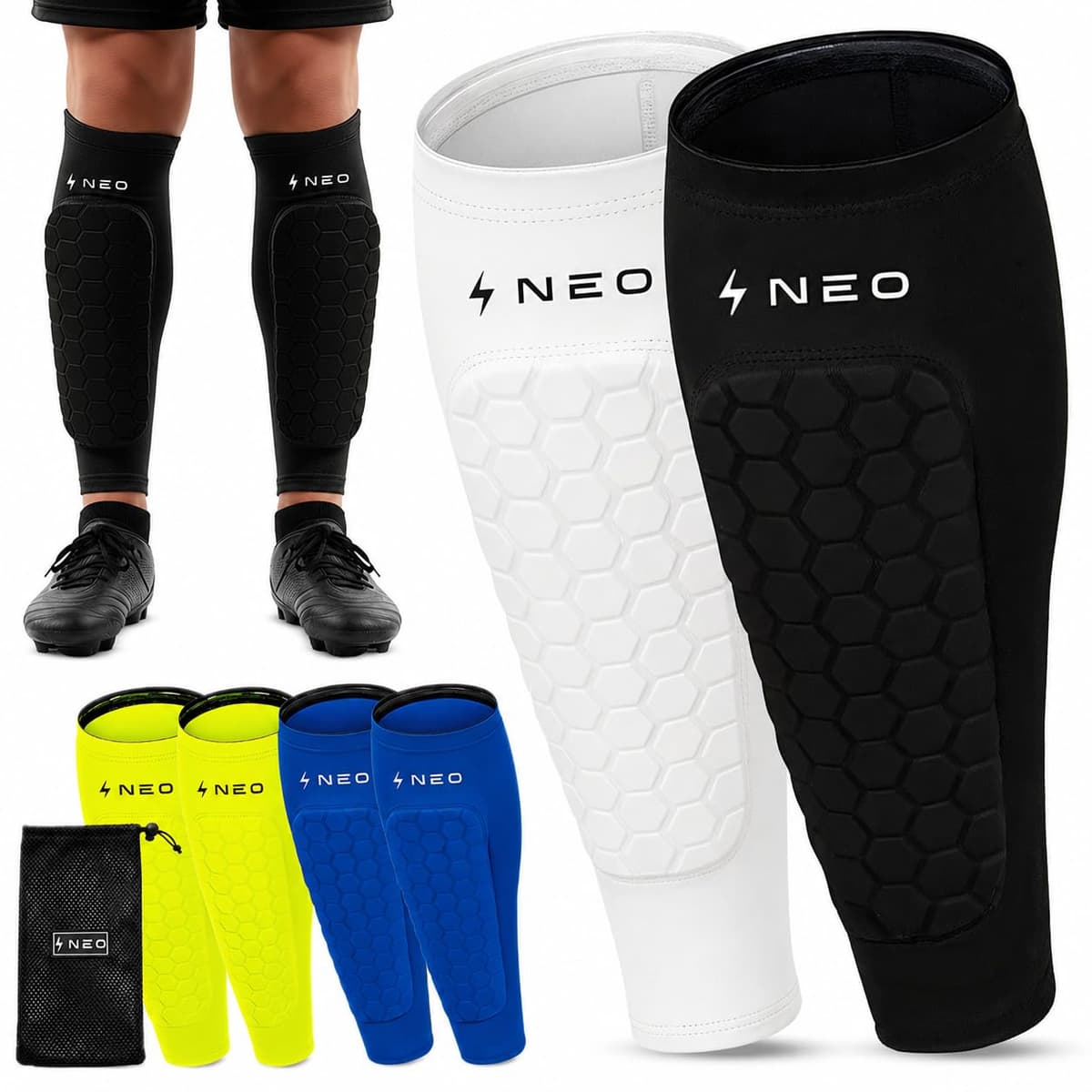 2 Pares Espinilleras Futbol Niño Premium | Protección de Pantorrilla para Adultos y niños | Bolsa De Regalo | Transpirable y Antigolpes | Ideales para Fútbol, Baloncesto, Ciclismo