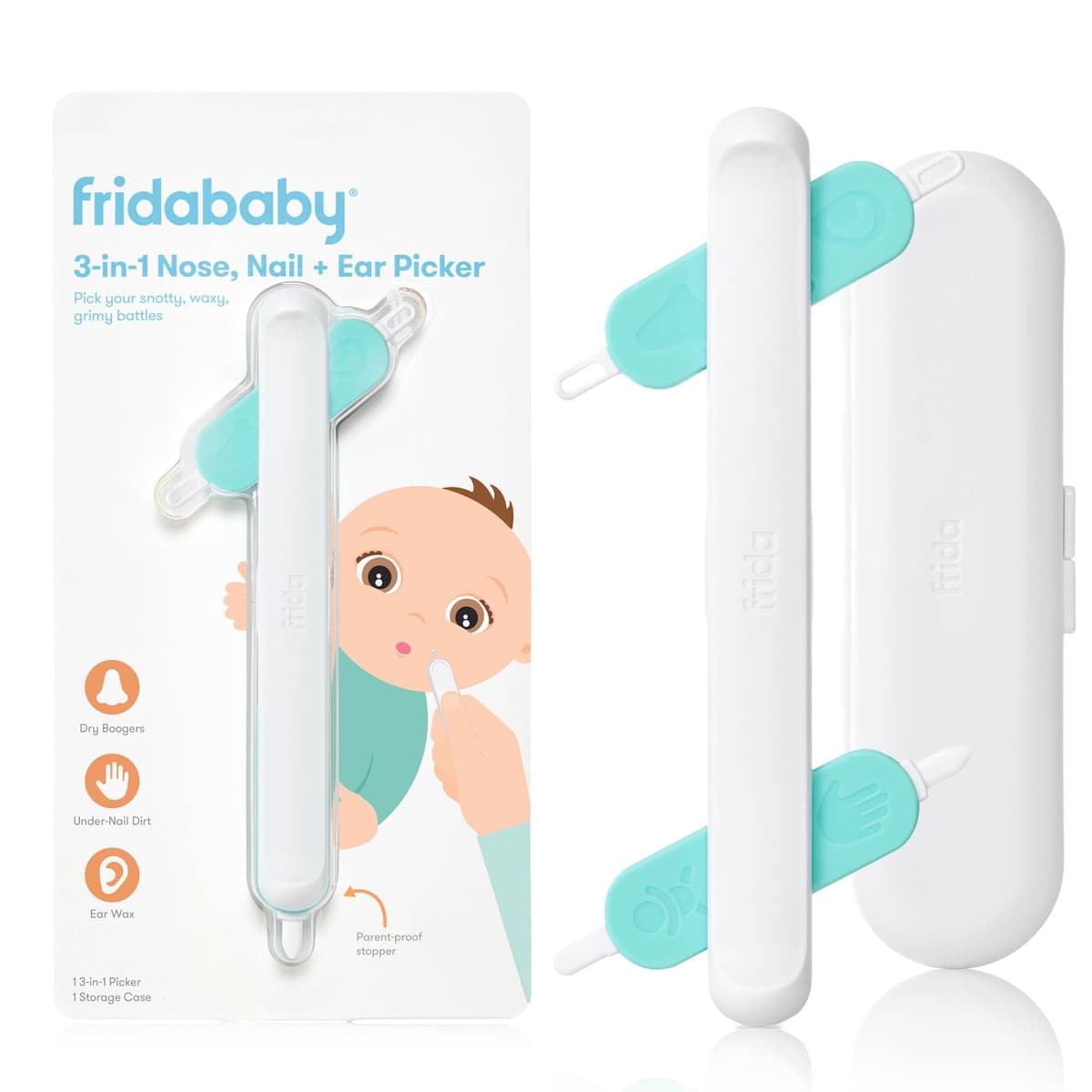 Frida Baby 3-in-1 Nose, Nail + Ear Picker | Baby Ear Cleaner + Baby Nose Cleaner and Nail Tool for Babies + Toddlers, Safely Clean Baby's Bogies, Ear Wax & More