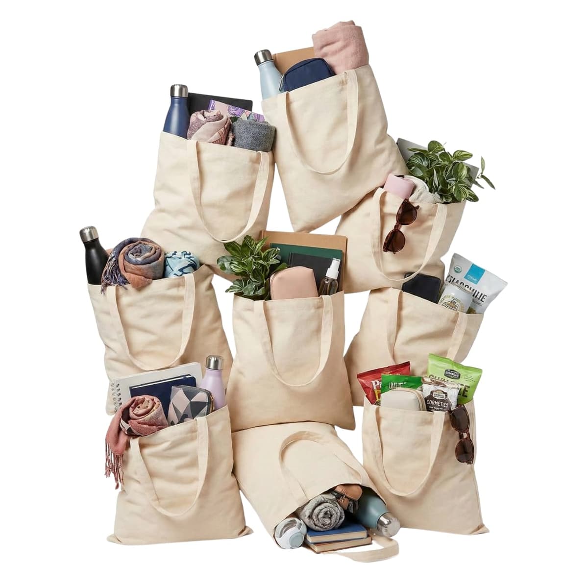 Pack Tote Bag 100% Algodón Natural Reutilizables de 42x38cm y 140 g/m² – Bolsas de Tela Resistentes para Uso Diario con Asas Largas de 70cm y Tamaño Práctico