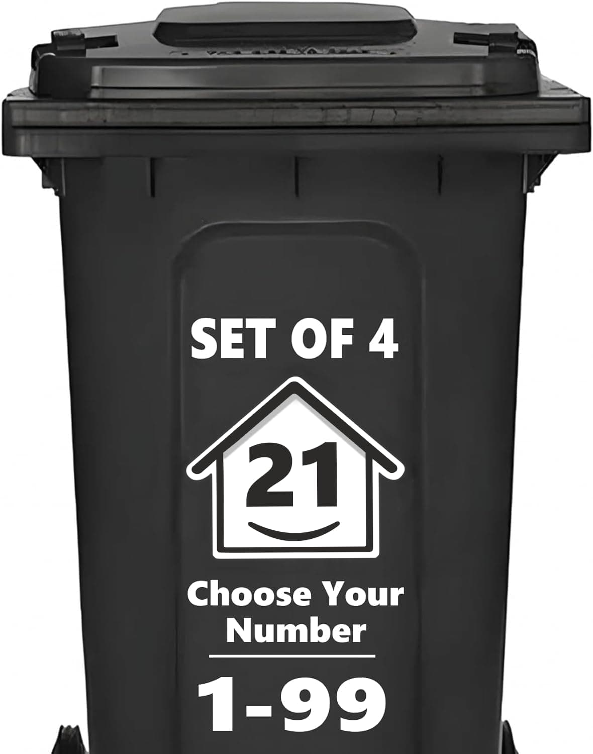 4 x Bin Numbers for Wheelie Bins, 1-99, 15cm ‘Happy House’ Design Dustbin Stickers, Easy Application Stick On Number Stickers - Weatherproof Self Adhesive Vinyl, Black (21)