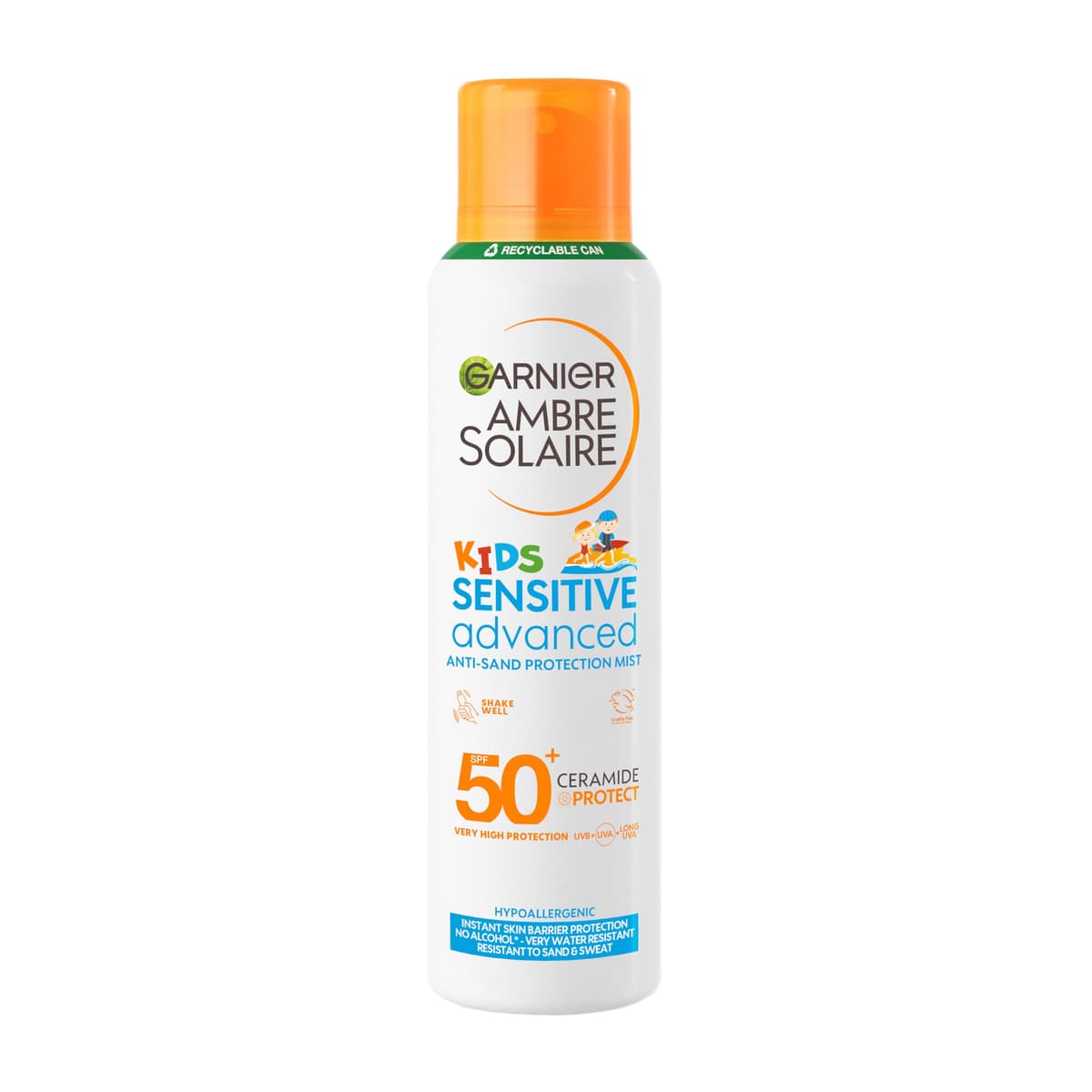 Garnier Ambre Solaire Sun Cream SPF 50+ Sensitive Advanced Kids Anti-Sand Sun Protection Mist Spray, Very High Protection UVA & UVB, Water Resistant, For Face & Body, Cruelty Free 150ml