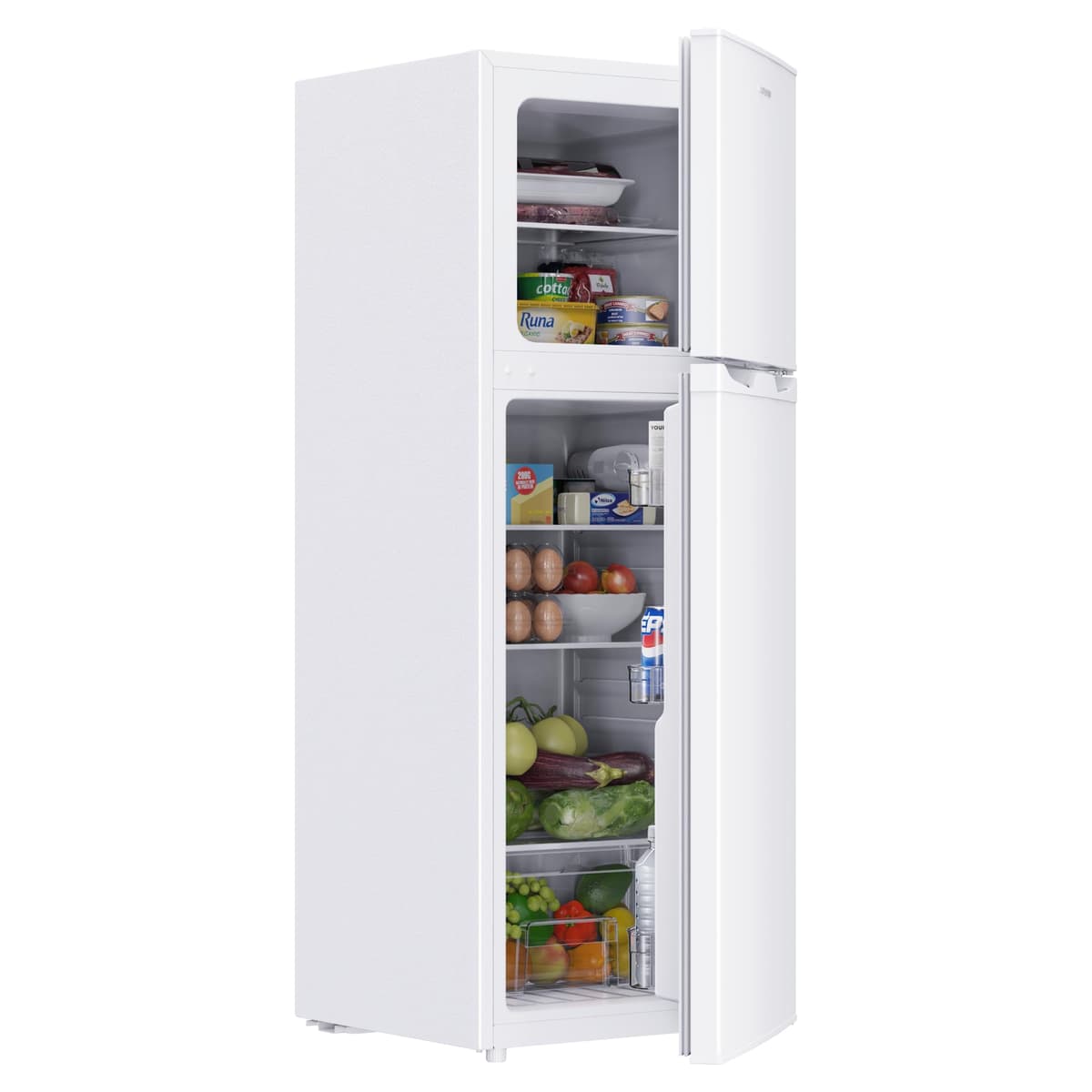 Upstreman 132L Fridge Freezer 70/30, 98L Refrigerator with 34L 4-Star Freezer Compartment on Top, 39dB Quiet Operation and LED Lighting, Refrigerator for Kitchen/Office/Apartment, TM132-White
