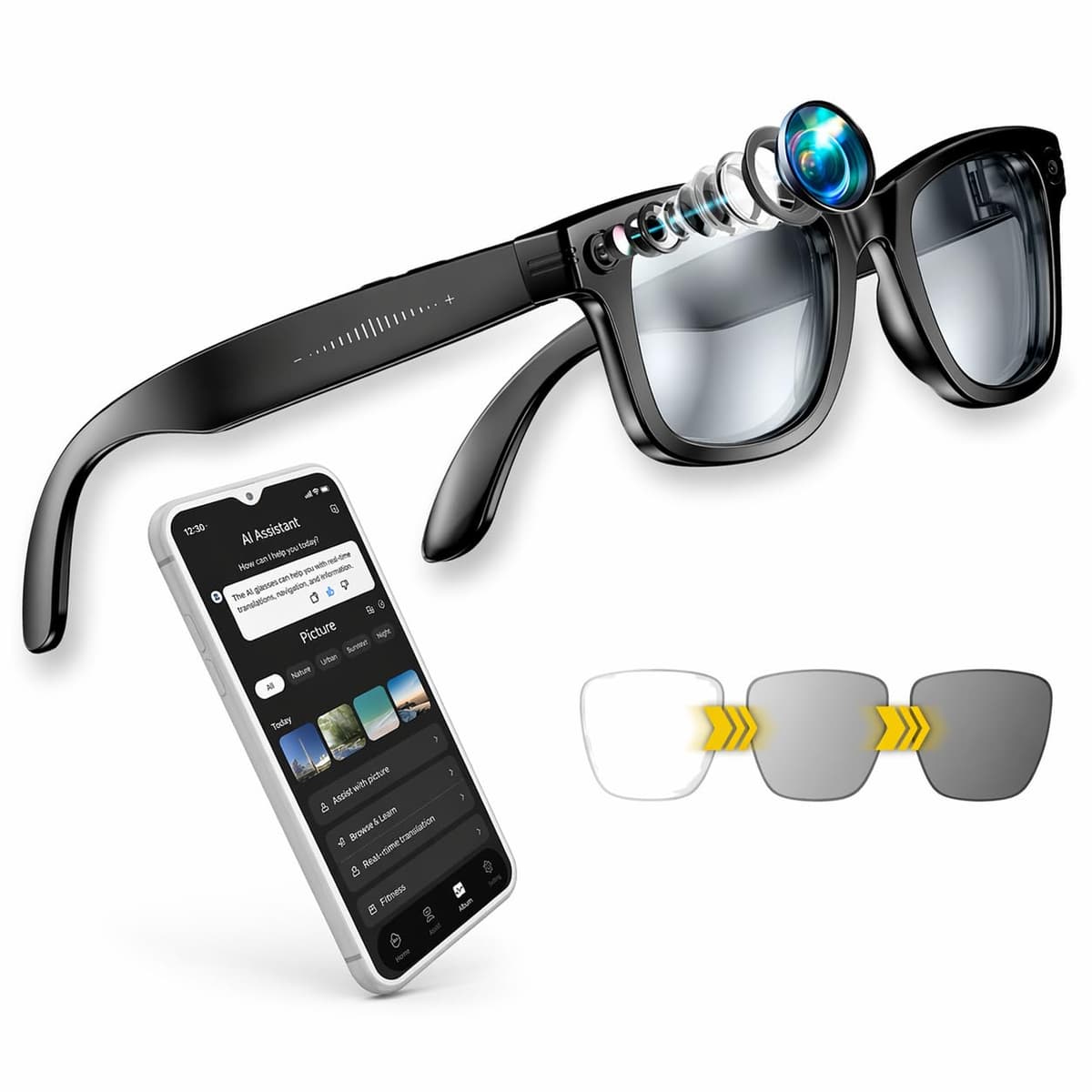 Lens AI Gafas Inteligentes con Cámara 32MP, 32GB, WiFi y Bluetooth, Traducción en Tiempo Real, Control por Voz y Táctil, IP65 (Cristal Fotocromático)