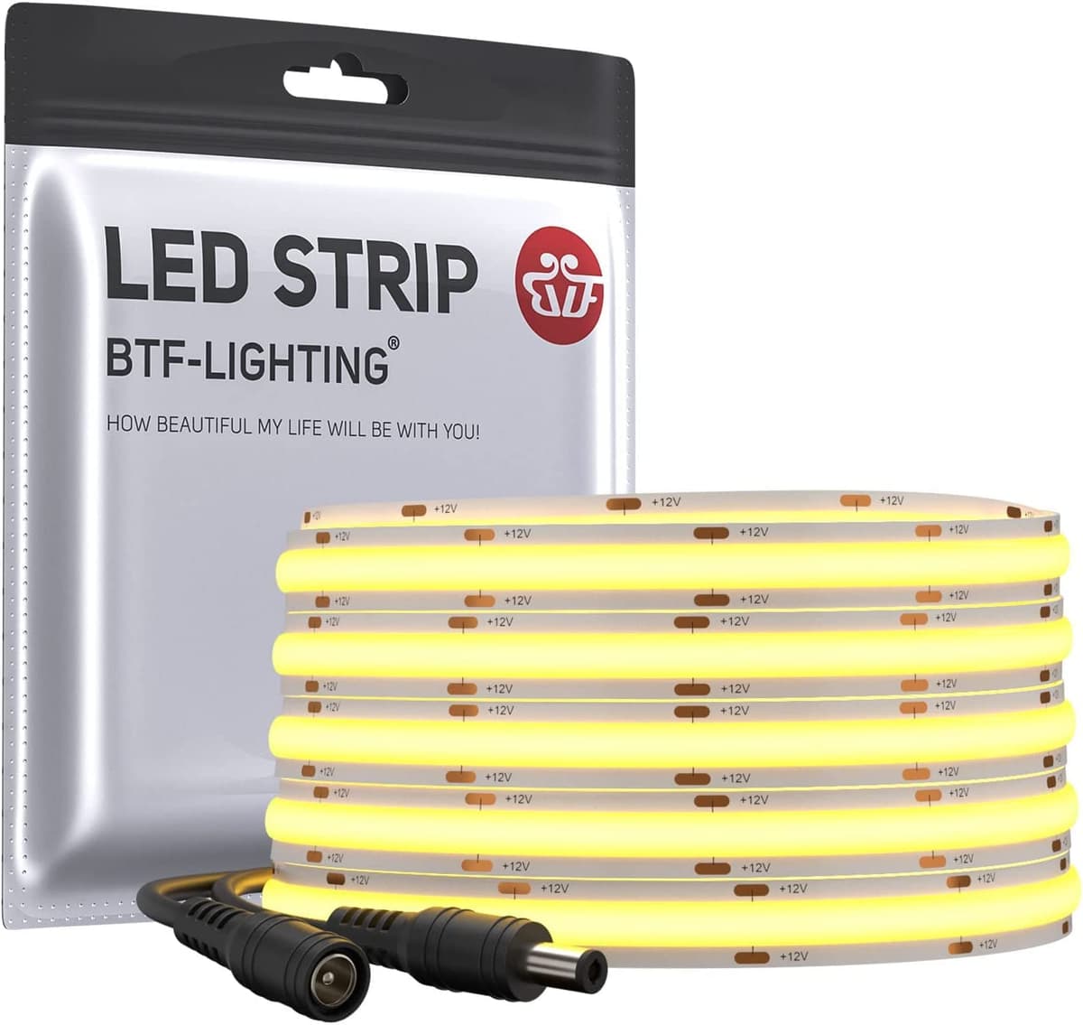 BTF-LIGHTING COB LED Strip Light 5M FCOB 336LEDs/M Flexible High Density Warm White 12V 8mm Width Dimmable Light Uniformity LED Tape for Bedroom Kitchen Home Interior Decoration(Only LED Strip)