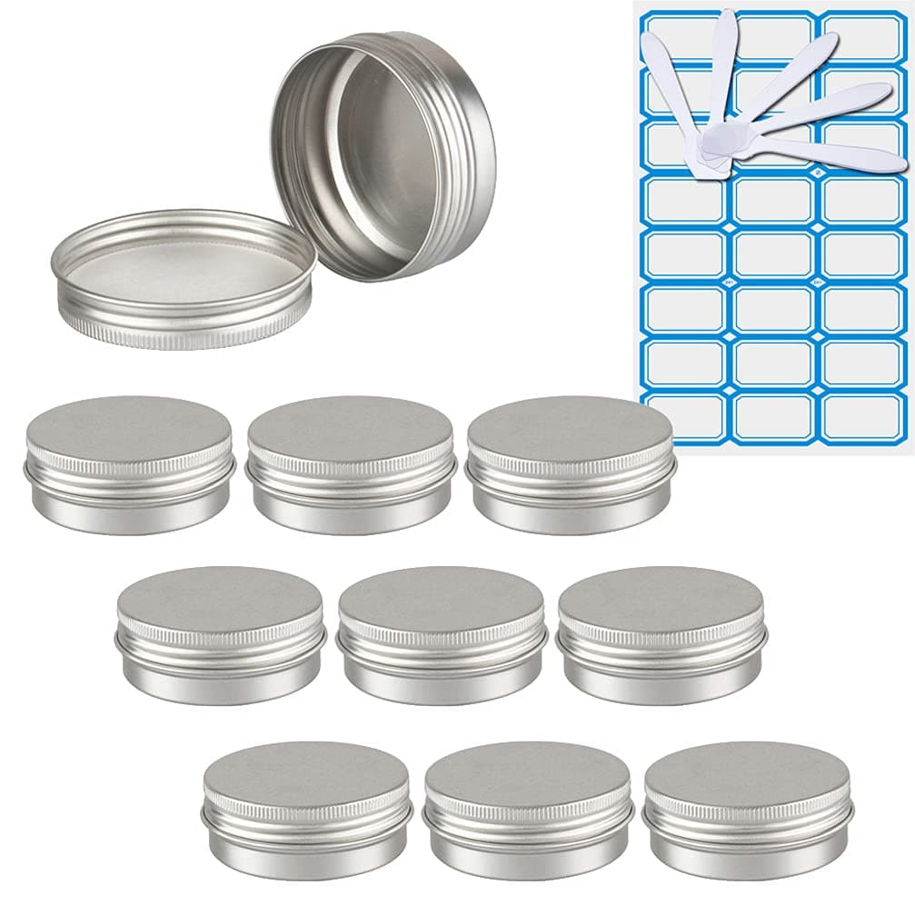 10 Piezas Tarros de Aluminio con Tapa Rosca 40ml, Plata Tarros de Aluminio Vacíos Redondo para Contenedor De Cosméticos Cremas Caja de almacenaje con 5 Espátula y 1 Etiqueta