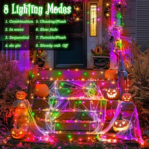 FFZZKJ Halloween Lights String Total 100LED Battery Operated Outdoor 8 Modes with Timer 16.4Ft*2, 50LED*2 Waterproof Fairy Lights Indoor for Halloween Decor, Orange&Purple&Green, 2-Pack