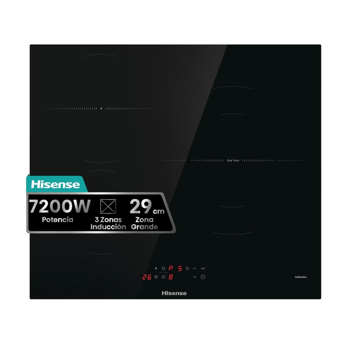 Hisense HI6311BSCE - Placa Induccion, 29 cm, Vitroceramica, 3 Fuegos, 7200W, Calentamiento Rápido Power Boost, Contol Táctil, Zona Expandible