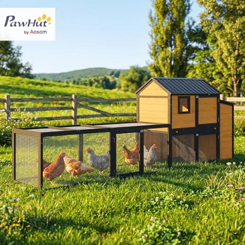 PawHut Large Chicken Coop, 134" L Wooden Chicken House with Run, Nesting Box, Slide-Out Tray, Waterproof Roof and Ramp, Hen House Rabbit Hutch for 4-6 Hens, Rabbits, Yellow