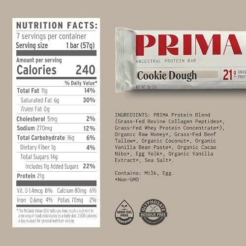 PRIMA Cookie Dough Protein Bar | 21g Grass Fed Whey and Collagen | No Seed Oils, No Preservatives, Raw Honey Sweetened | 7 Pack