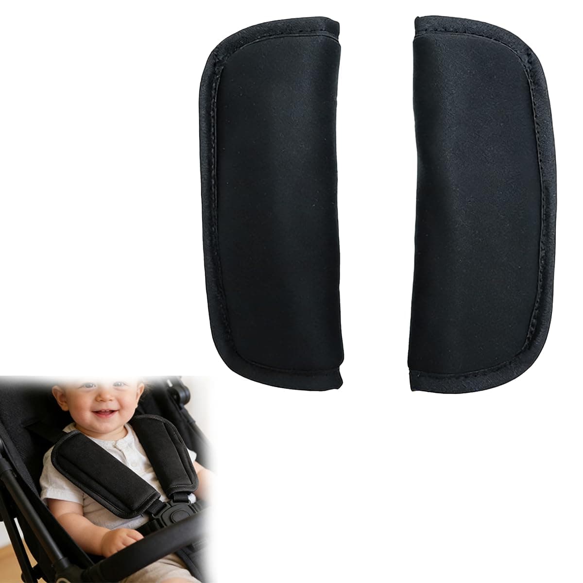 Cinturón de seguridad para bebé, almohadillas suaves para cinturón de seguridad para cochecitos y asientos infantiles, material Oxford transpirable, ajuste universal, negro, juego de 2