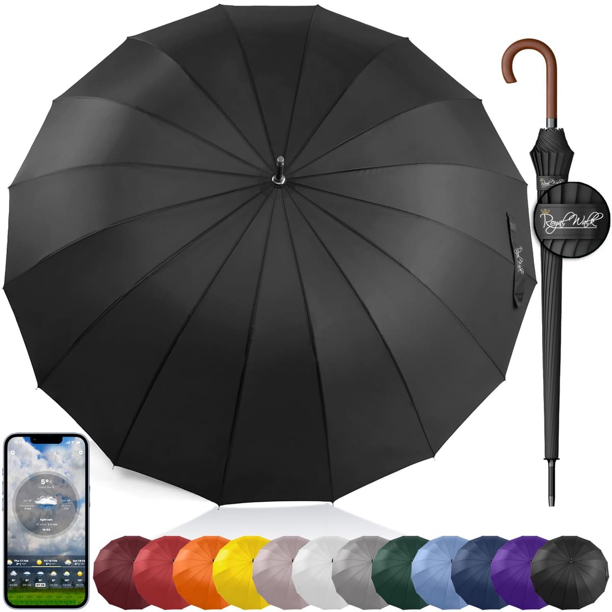 Royal Walk Paraguas Grande XXL Antiviento para Hombre y Mujer Automático Abierto Para 2 Personas de 54 Pulgadas Negro Paraguas Resistente al Viento de Golf Originale Impermeable 16 Varillas 120cm