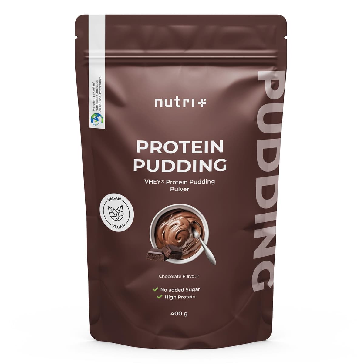 Nutri + Pudin proteico Chocolate vegano 400 g - 24 g Proteínas por Ración - sólo 106 Calorías - bajo Azúcares y Grasas Postre de Chocolate - High Protein Pudding vegan sin Lactosa y Gluten
