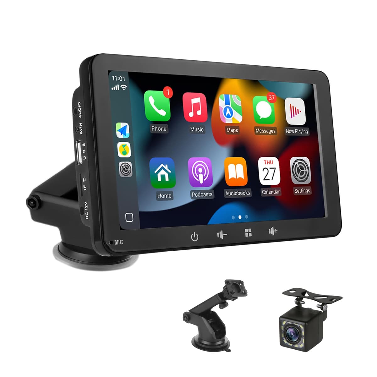 Pantalla Coche 7" con Carplay y Android Auto Inalámbrico - Radio Portatil con Pantalla Tactil | FM Transmisor, AUX, USB | Cámara Trasera | Plug & Play para la Mayoría de Coches (7 Pulgadas + cámara)