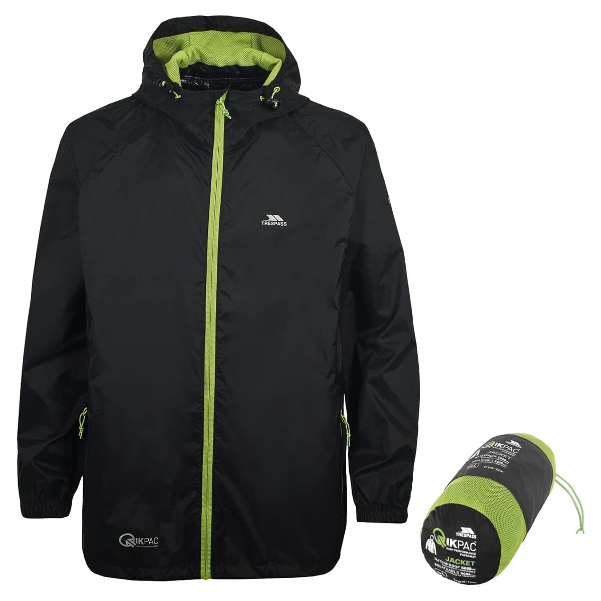 Trespass Adults Waterproof Jacket Qikpac - Lightweight Packaway Raincoat, 2 Zip Pockets, Full Body Front Zip, Adjustable Hood, Storm Flap, Ventilated Back, Foldable Packs in Pouch