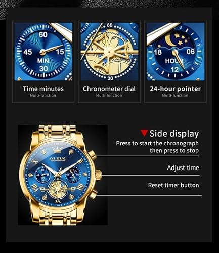 OLEVS Gold Mens Watch Blue Face Classic Luxury Fancy Nice Dress Watch Men Big Dial Date Stainless Steel Water Resistant Quartz Analog Men's Wrist Watches Moon Phase Skeleton Relojes De Hombre — view 3