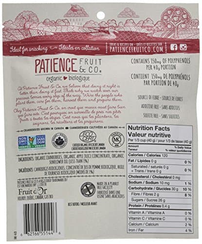 Patience Fruit & Co. Organic Whole and Juicy Dried Cranberries Sweetened with Apple Juice, 113g