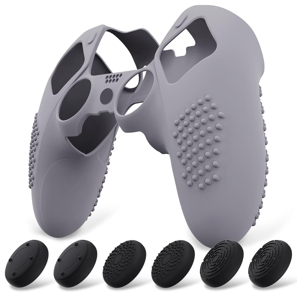 PlayVital Funda de Silicona Antideslizante para ps5 Edge - Carcasa Protectora con 6 Tapas de Joysticks, Cubierta de Goma Tacto Suave, Protector de Mando, Diseño 3D Tachonado (Gris Metálico)