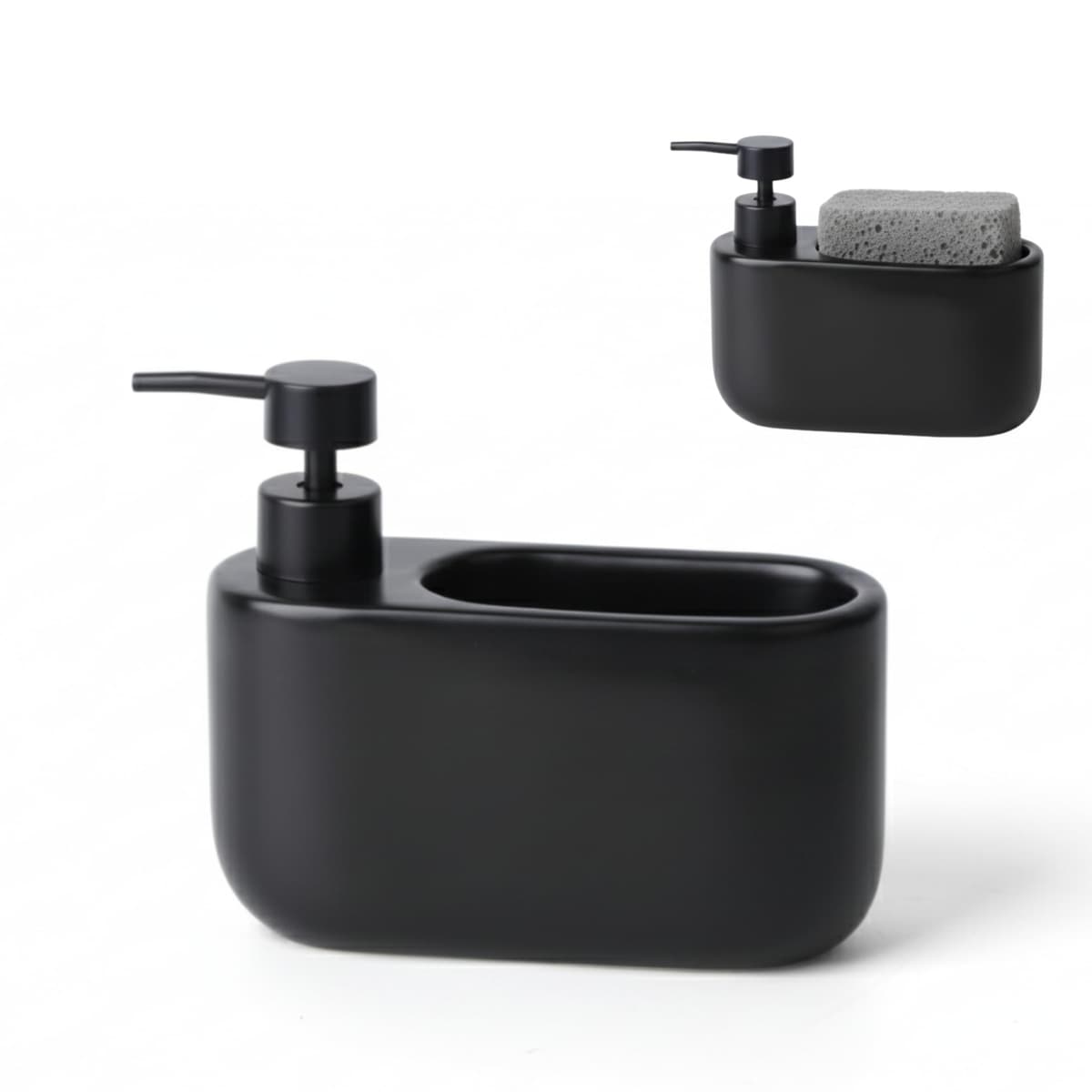 Dispensador de Jabón Cocina con Estropajero 520 ml Curve - Dosificador de Cerámica y Soporte para Esponja. Organizador de Fregadero Estrecho. 18 x 7.3 x 15 cm. - Negro Mate