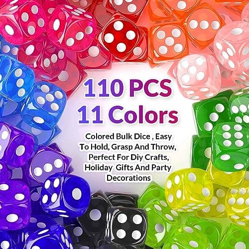 Rerdeim 110 Pieces Dice Set, Colored Game Bulk Dices, Colorful Dices, 6 Sided Dice for Classroom Teaching, Board Game, Playing, Rolling, Small Six Sided 11 Color Red, Yellow, Blue, Green and More