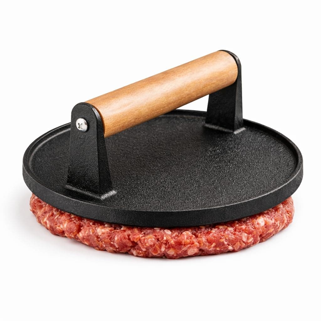 Cast Iron Burger Press Set, Round and Rectangular Grill Press with Wooden Handle, Circle