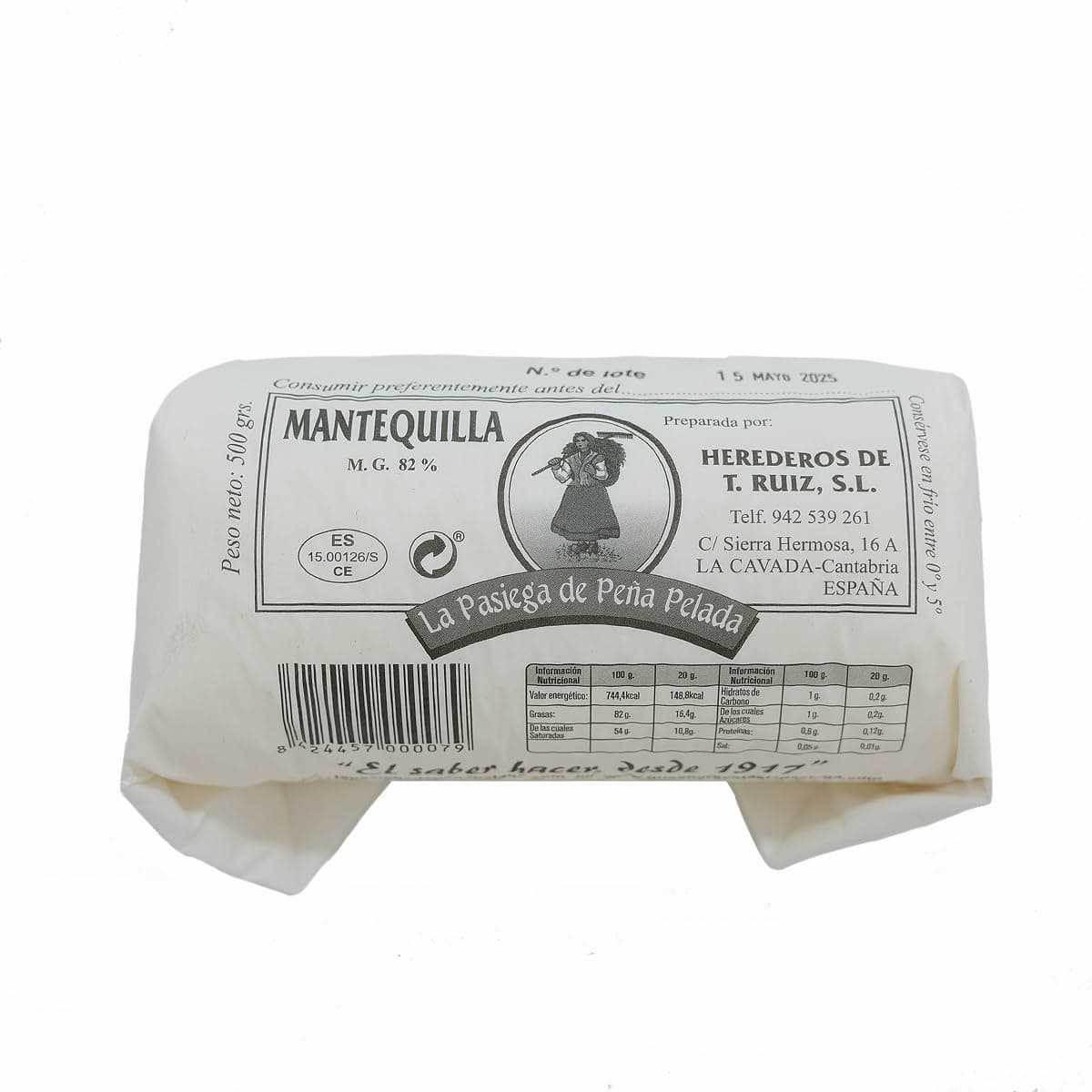 LA PASIEGA DE PEÑA PELADA Mantequilla Artesanal, Rulo de 500 gr (aprox) en Papel Sulfurizado, 82% Materia Grasa, Sabor Tradicional y Natural - Origen Cantabria