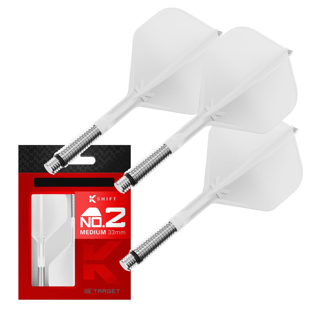 Target Darts K-Shift N.º 2 Integrado Vuelos y Eje | K Shift N.º 2 Vuelo y Eje Sistema, Blanco/Transparente/Negro – K-Flex Corto/Intermedio/Medio Shift Giratoria Base, Profesionales Dardos Accesorios