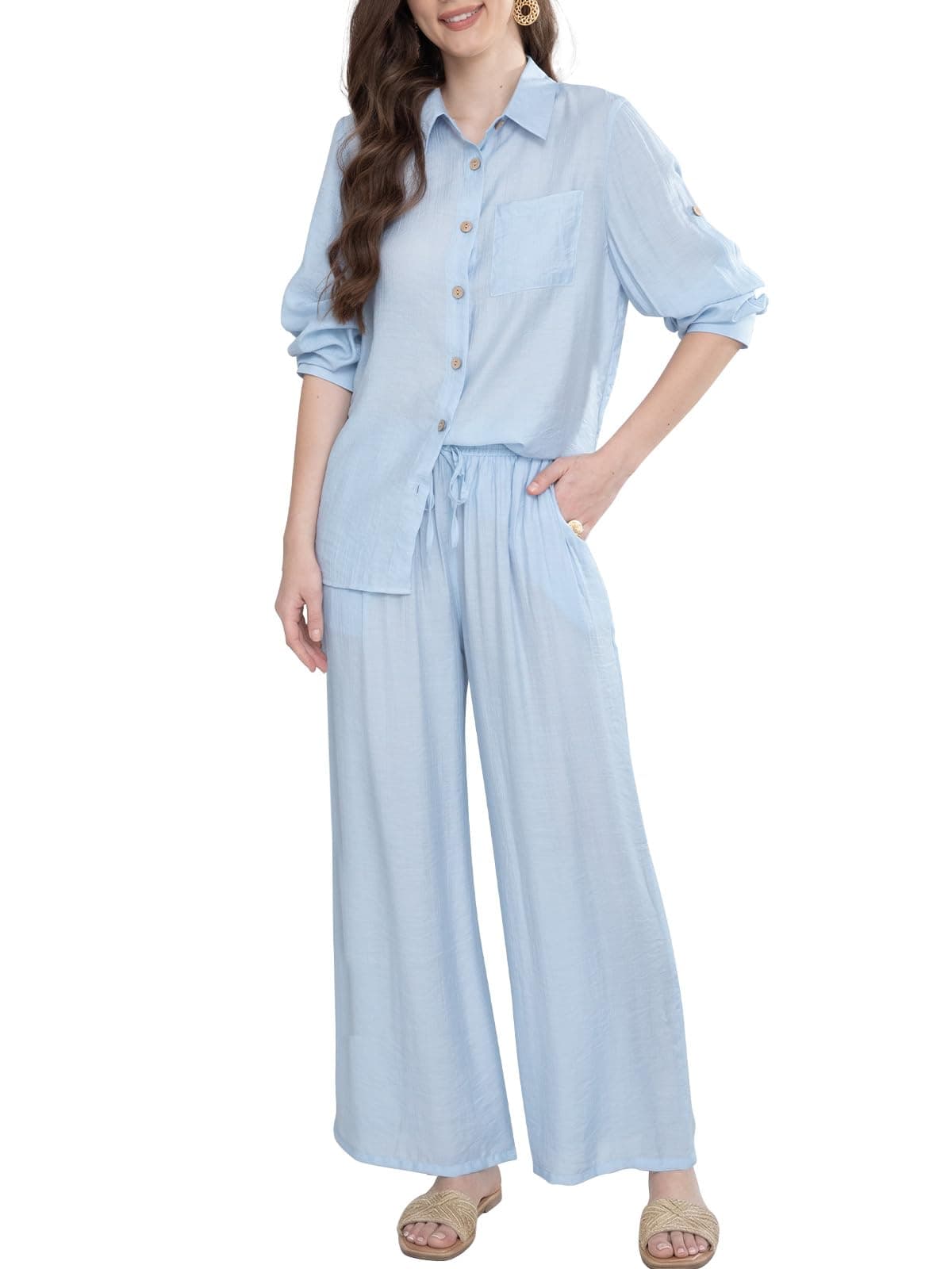 Adigaber Chándal de Manga Larga para Mujer Camisa con Botones y Holgado Cintura Alta Pierna Ancha Cordón Pantalones con Bolsillos