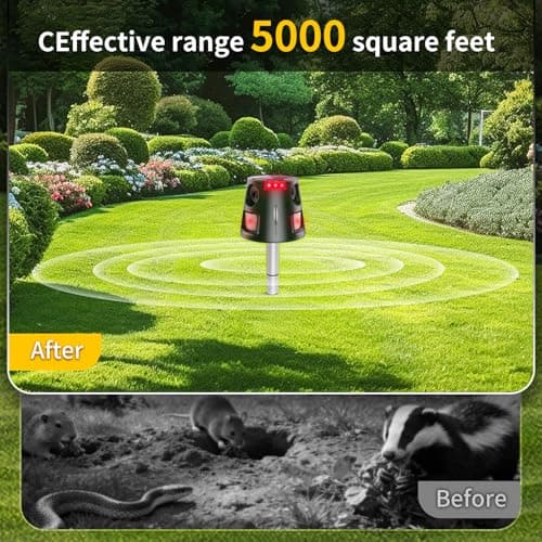 Ultrasonic Animal Repellent Outdoor, Solar Power Cat Rodent Raccoon Repeller, Squirrel Skunk Control Device with Motion Sensor and FIashing Light, Waterproof Rabbt Snake Deterrent for Outdoor