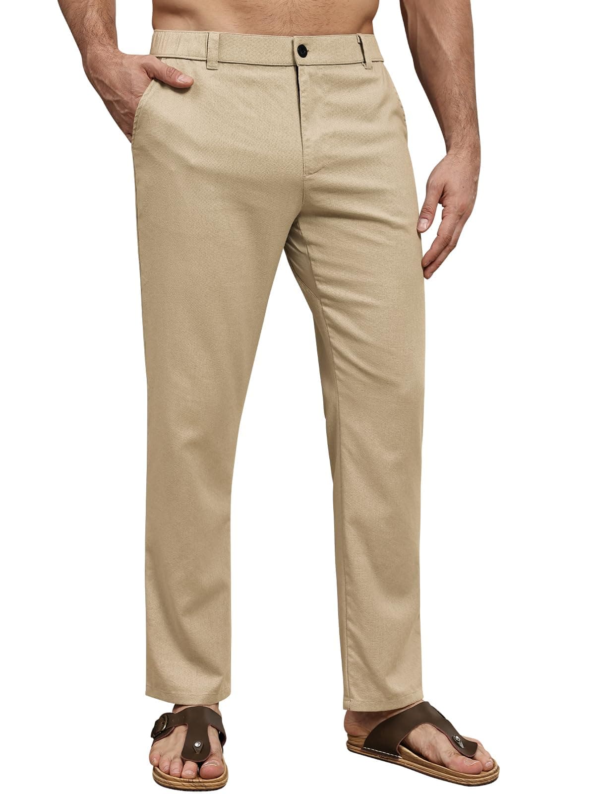 Suwangi Hombre Pantalones de Casuales Pantalones Largos Verano Ligeros Pantalon Lino Mezclar Cintura Elástica con Bolsillos